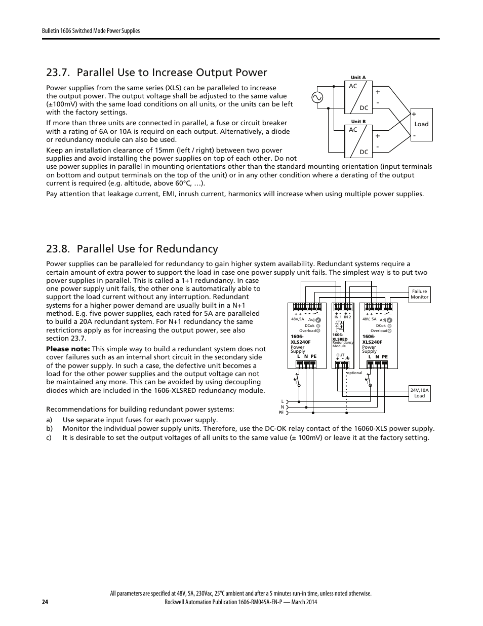 Parallel use to increase output power, Parallel use for redundancy | Rockwell Automation 1606-XLS240F, -XLS240F-D Power Supply Reference Manual User Manual | Page 24 / 28