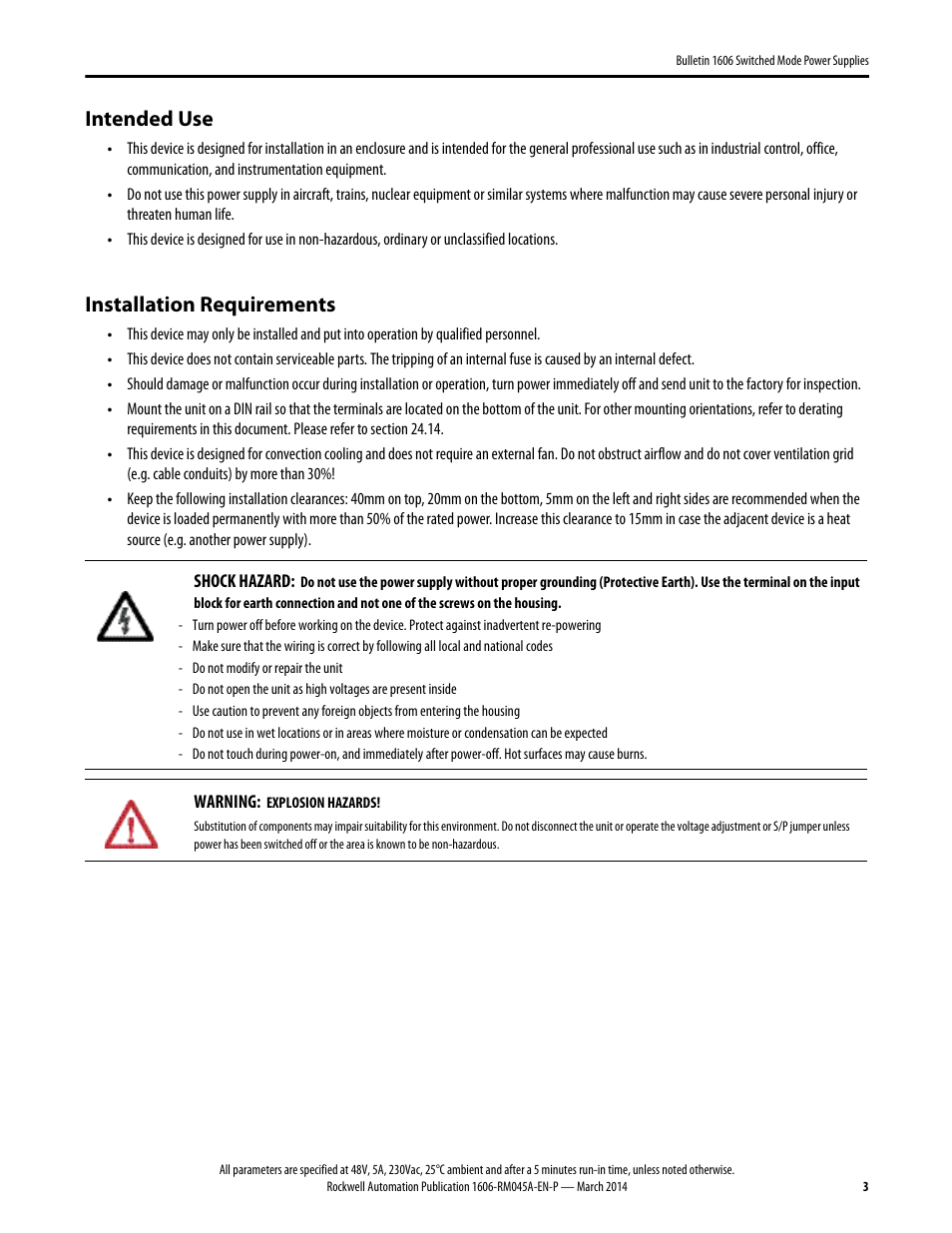 1606-rm045a-en-p, Intended use, Installation requirements | Rockwell Automation 1606-XLS240F, -XLS240F-D Power Supply Reference Manual User Manual | Page 3 / 28