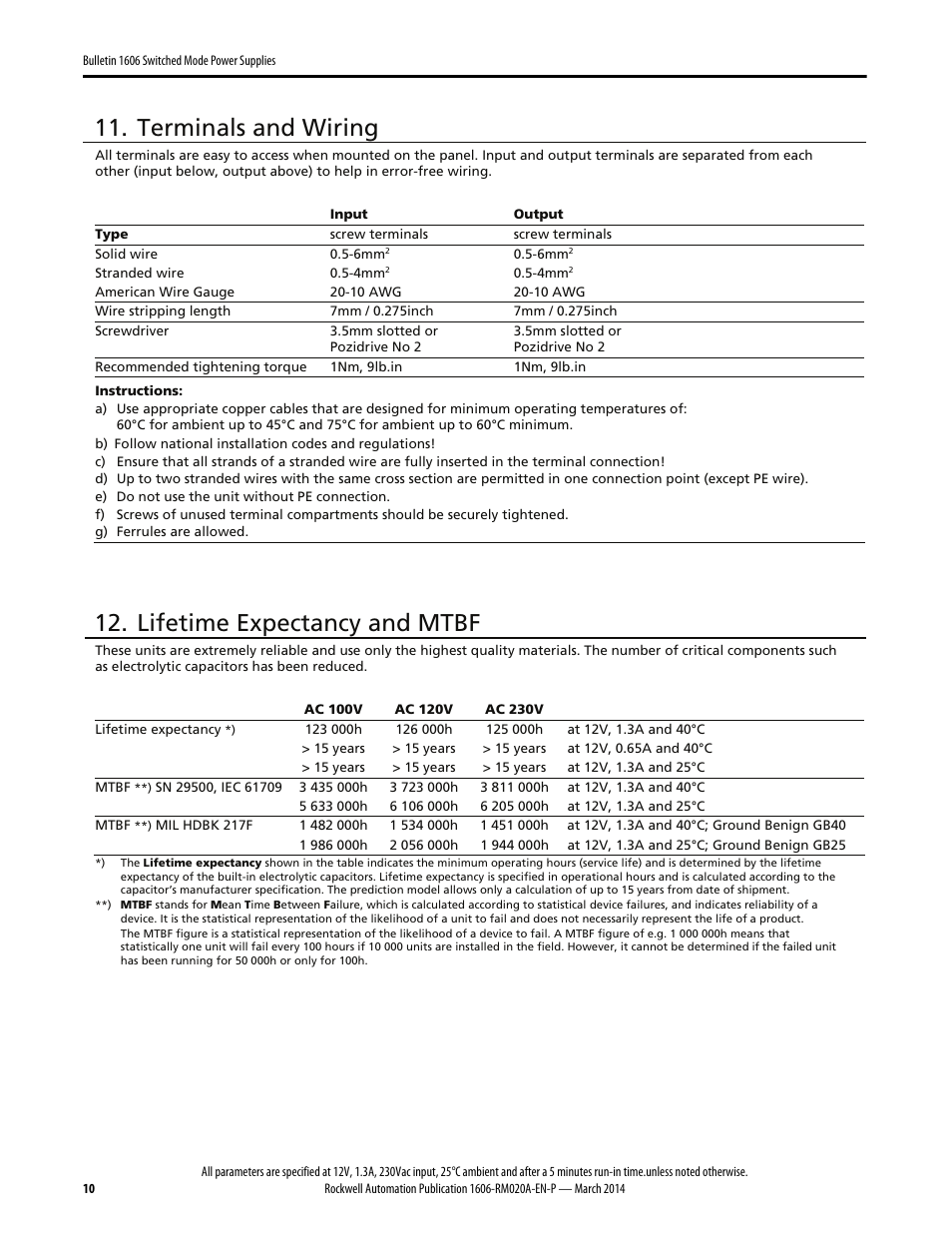 Terminals and wiring, Lifetime expectancy and mtbf | Rockwell Automation 1606-XLP15B Power Supply Reference Manual User Manual | Page 10 / 24