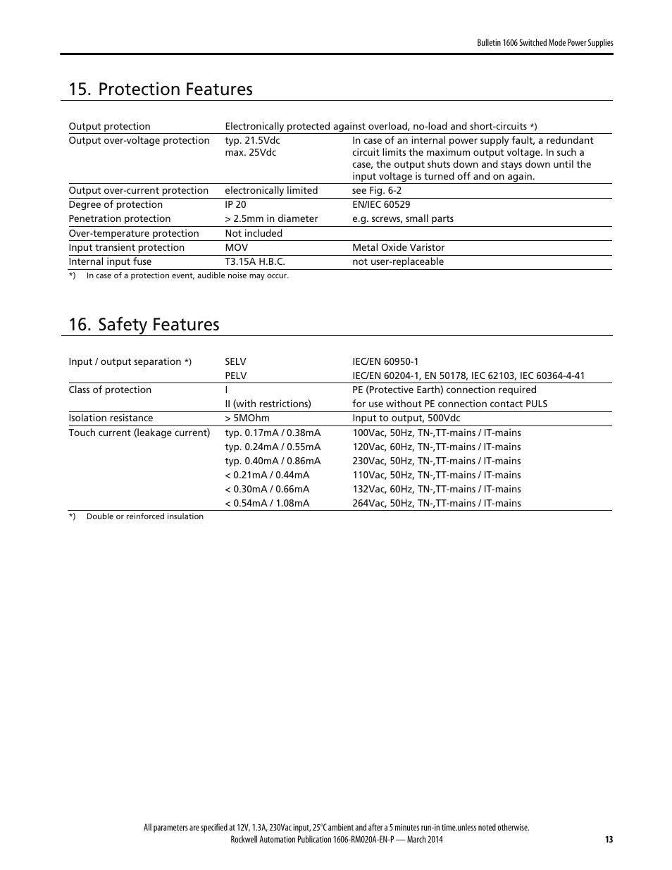 Protection features, Safety features | Rockwell Automation 1606-XLP15B Power Supply Reference Manual User Manual | Page 13 / 24