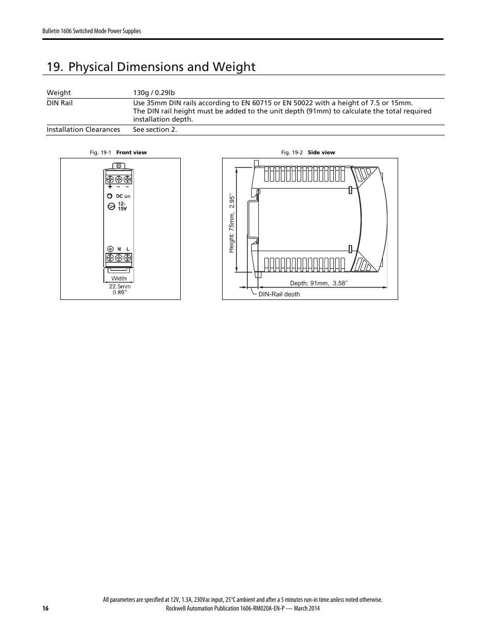 Physical dimensions and weight | Rockwell Automation 1606-XLP15B Power Supply Reference Manual User Manual | Page 16 / 24