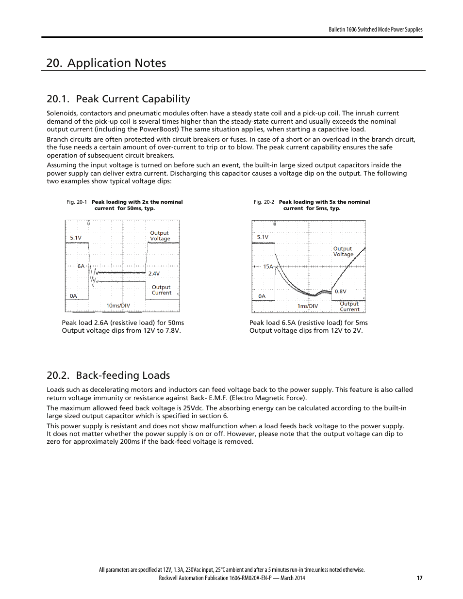 Peak current capability, Back-feeding loads | Rockwell Automation 1606-XLP15B Power Supply Reference Manual User Manual | Page 17 / 24