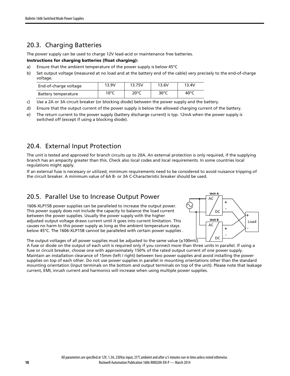 Charging batteries, External input protection, Parallel use to increase output power | Rockwell Automation 1606-XLP15B Power Supply Reference Manual User Manual | Page 18 / 24