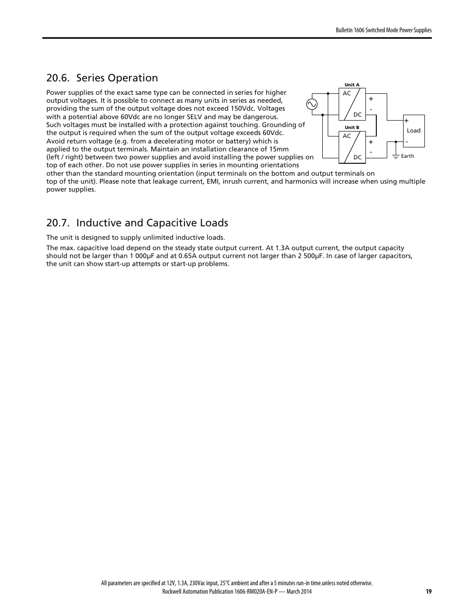 Series operation, Inductive and capacitive loads | Rockwell Automation 1606-XLP15B Power Supply Reference Manual User Manual | Page 19 / 24