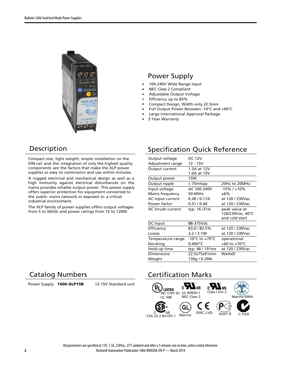 Power supply, Description, Specification quick reference | Catalog numbers, Certification marks | Rockwell Automation 1606-XLP15B Power Supply Reference Manual User Manual | Page 2 / 24