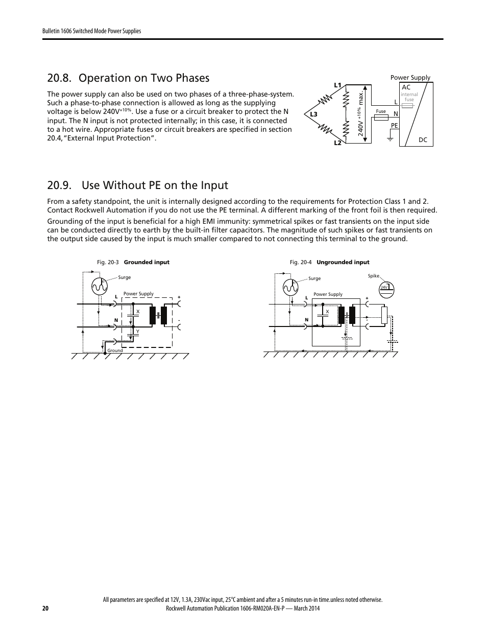 Operation on two phases, Use without pe on the input | Rockwell Automation 1606-XLP15B Power Supply Reference Manual User Manual | Page 20 / 24