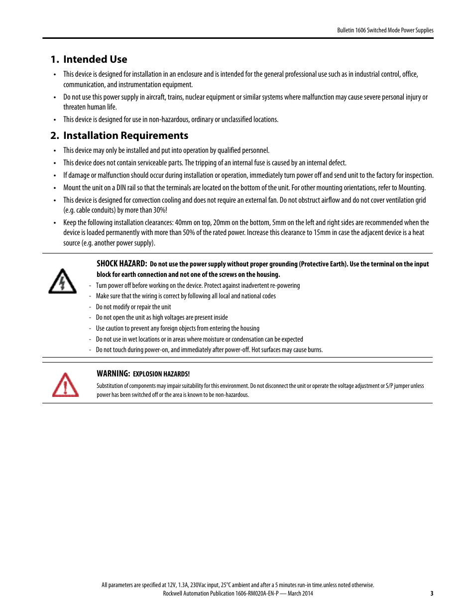 1606-rm020a-en-p, Intended use, Installation requirements | Rockwell Automation 1606-XLP15B Power Supply Reference Manual User Manual | Page 3 / 24