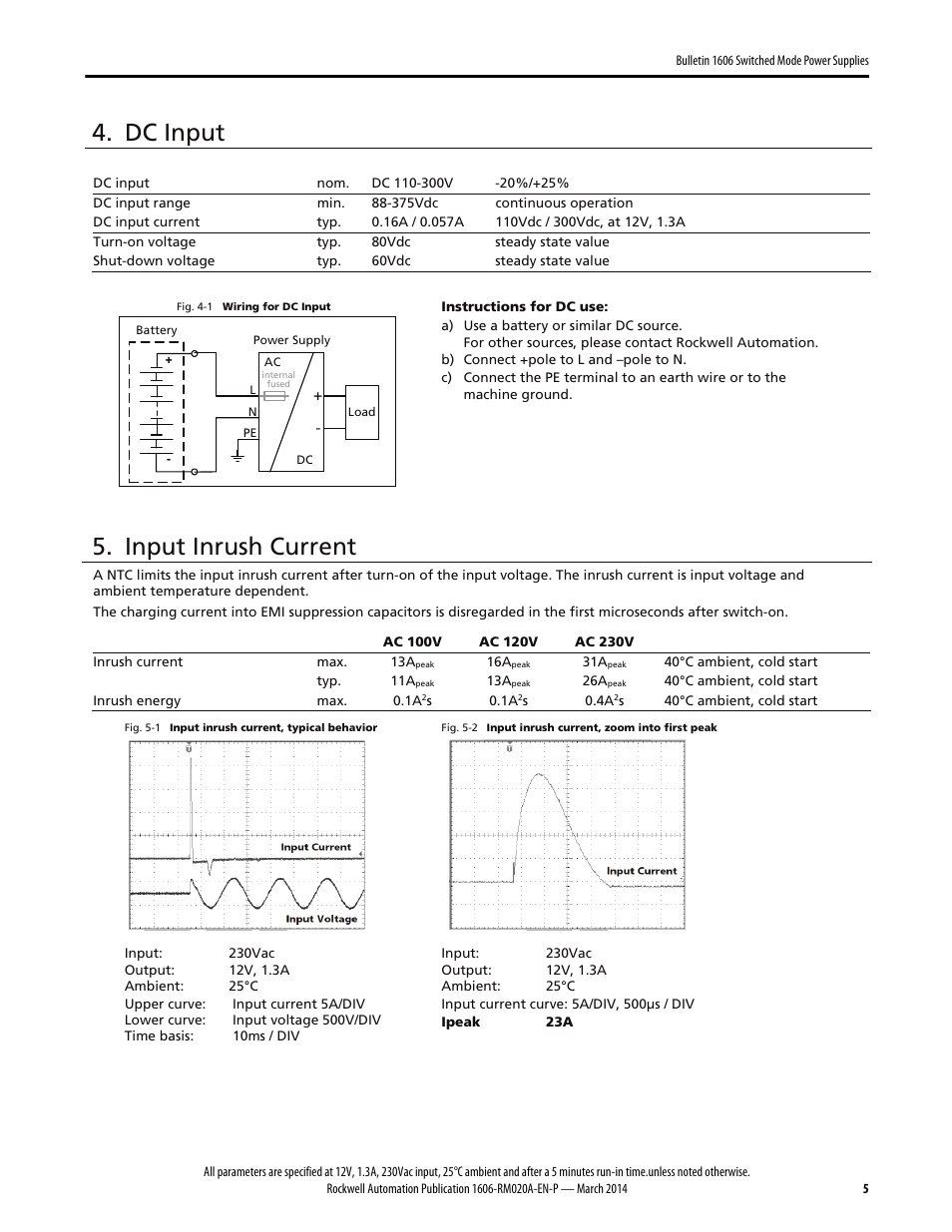 Dc input, Input inrush current | Rockwell Automation 1606-XLP15B Power Supply Reference Manual User Manual | Page 5 / 24