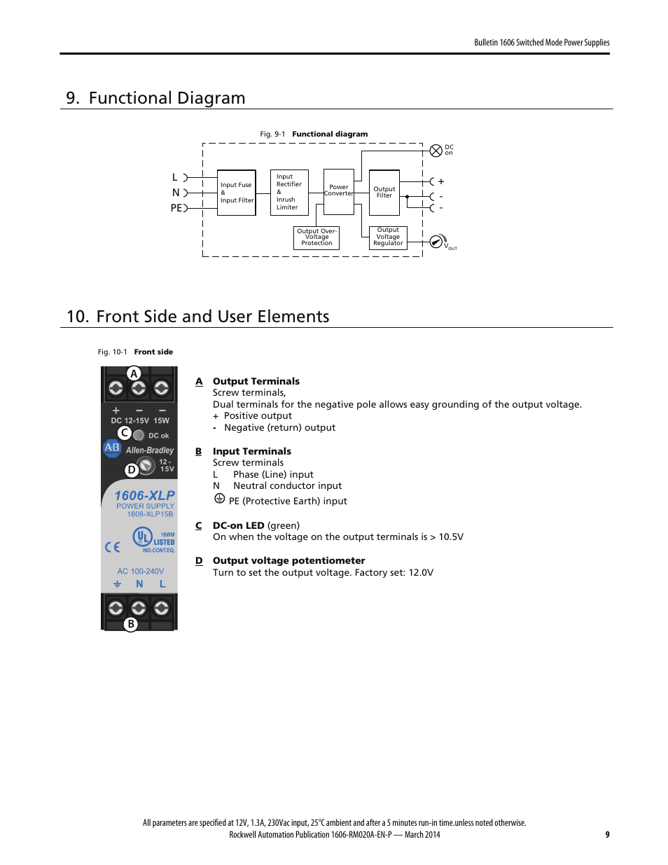 Functional diagram, Front side and user elements | Rockwell Automation 1606-XLP15B Power Supply Reference Manual User Manual | Page 9 / 24
