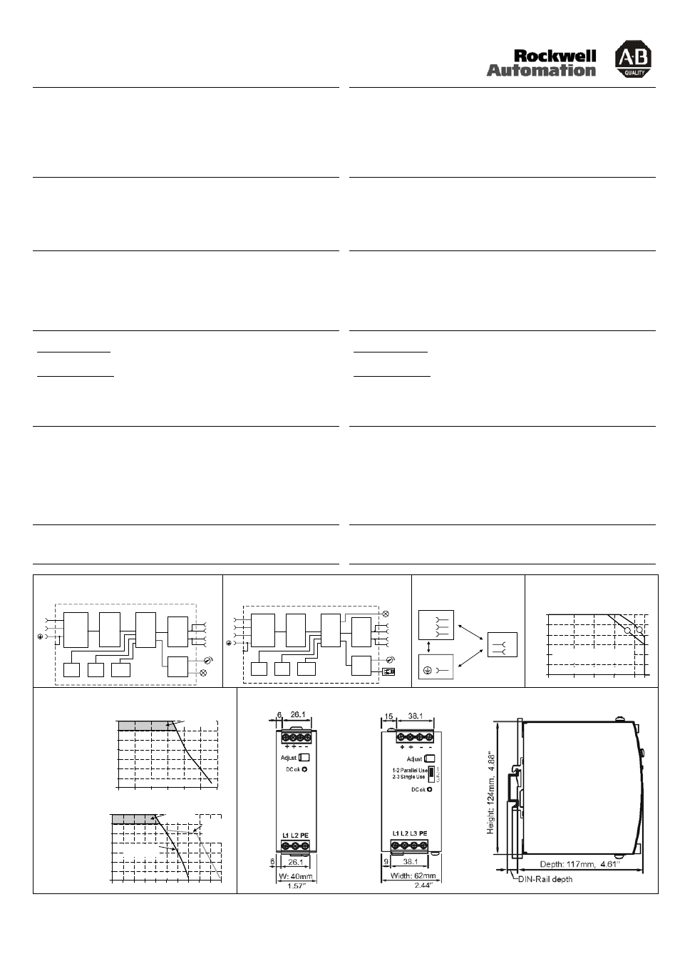 Terminals and wiring, Anschlussklemmen und verdrahtung, Emc electromagnetic compatibility | Emv elektromagnetische verträglichkeit, Output- and overload characteristic, Ausgangs- und überlastverhalten, Parallel-use to increase the output power, Parallelbetrieb zur leistungserhöhung, Dielectric strength, Isolationsfestigkeit | Rockwell Automation 1606-XLE96B-2_XLE120E-2_XLE240E-3_XLE240F-3 DC--Power Supply User Manual | Page 4 / 4