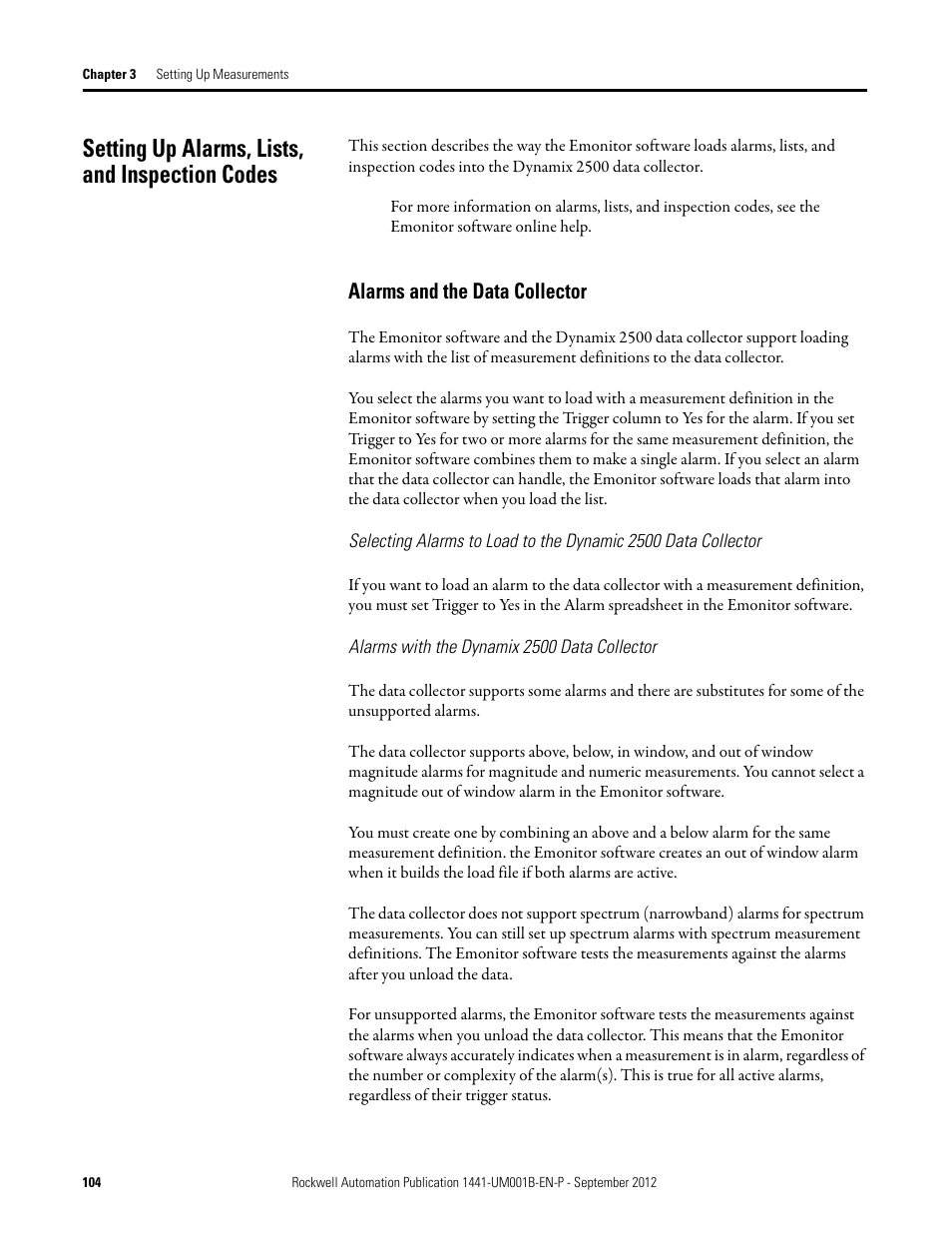 Setting up alarms, lists, and inspection codes, Alarms and the data collector, Alarms and the data | Rockwell Automation 1441-DYN25-Z Dynamix 2500 Data Collector User Manual | Page 104 / 218