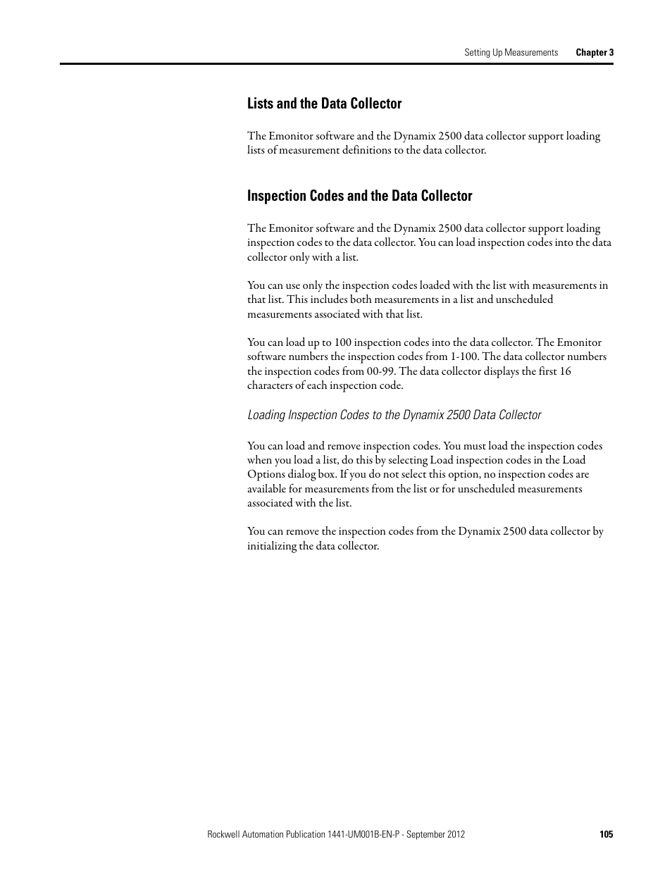Lists and the data collector, Inspection codes and the data collector | Rockwell Automation 1441-DYN25-Z Dynamix 2500 Data Collector User Manual | Page 105 / 218