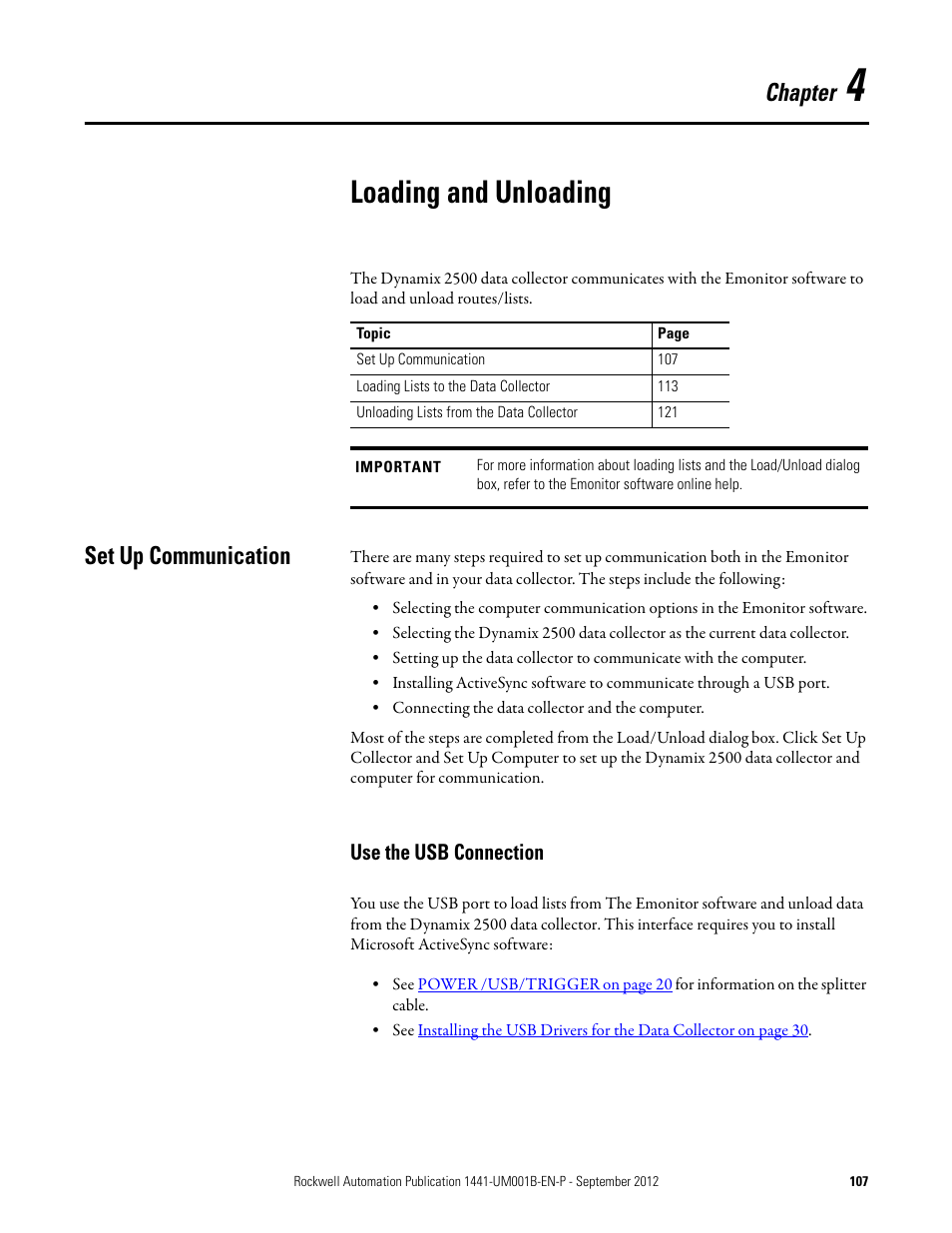 4 - loading and unloading, Set up communication, Use the usb connection | Chapter 4, Loading and unloading, Chapter | Rockwell Automation 1441-DYN25-Z Dynamix 2500 Data Collector User Manual | Page 107 / 218