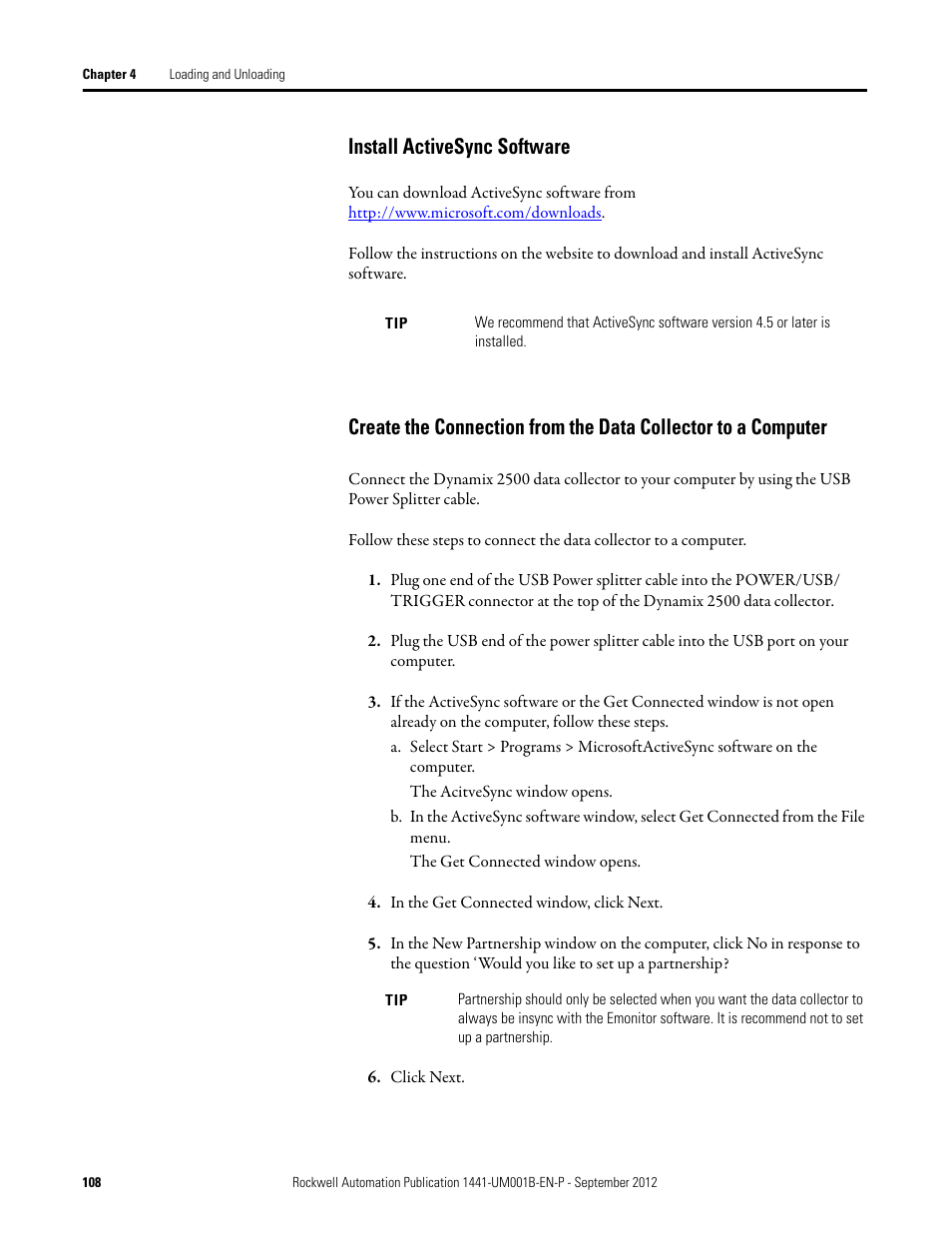 Install activesync software, Create the connection from the, Data collector to a computer | Rockwell Automation 1441-DYN25-Z Dynamix 2500 Data Collector User Manual | Page 108 / 218