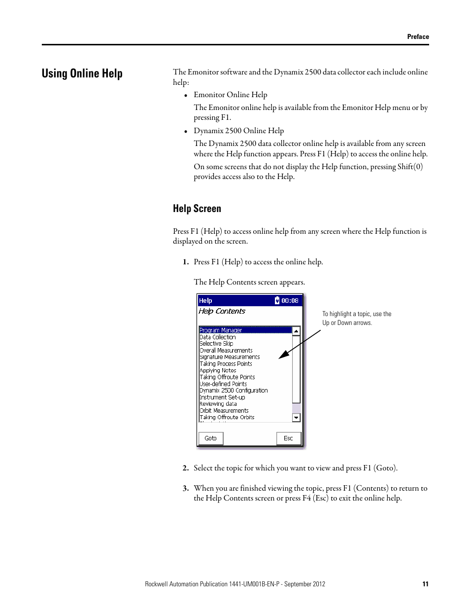 Using online help, Help screen | Rockwell Automation 1441-DYN25-Z Dynamix 2500 Data Collector User Manual | Page 11 / 218