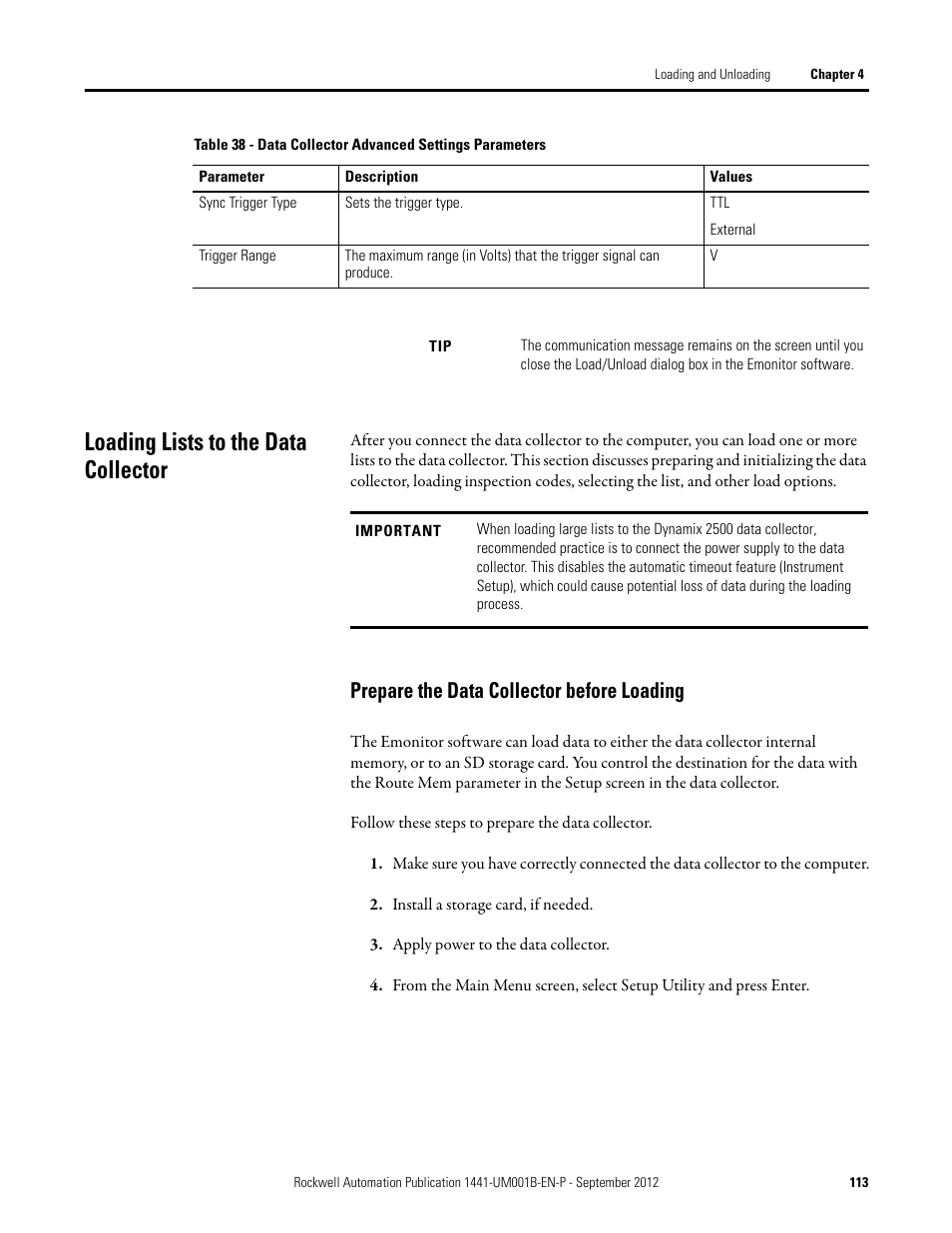 Loading lists to the data collector, Prepare the data collector before loading | Rockwell Automation 1441-DYN25-Z Dynamix 2500 Data Collector User Manual | Page 113 / 218