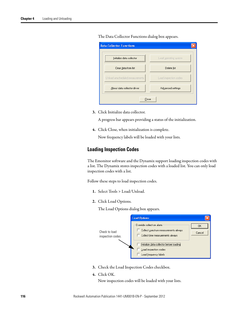 Loading inspection codes | Rockwell Automation 1441-DYN25-Z Dynamix 2500 Data Collector User Manual | Page 116 / 218