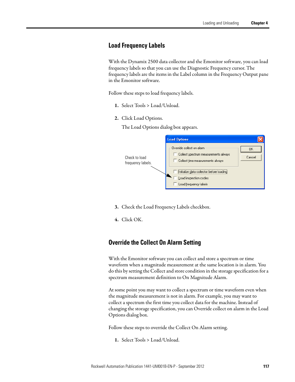 Load frequency labels, Override the collect on alarm setting | Rockwell Automation 1441-DYN25-Z Dynamix 2500 Data Collector User Manual | Page 117 / 218