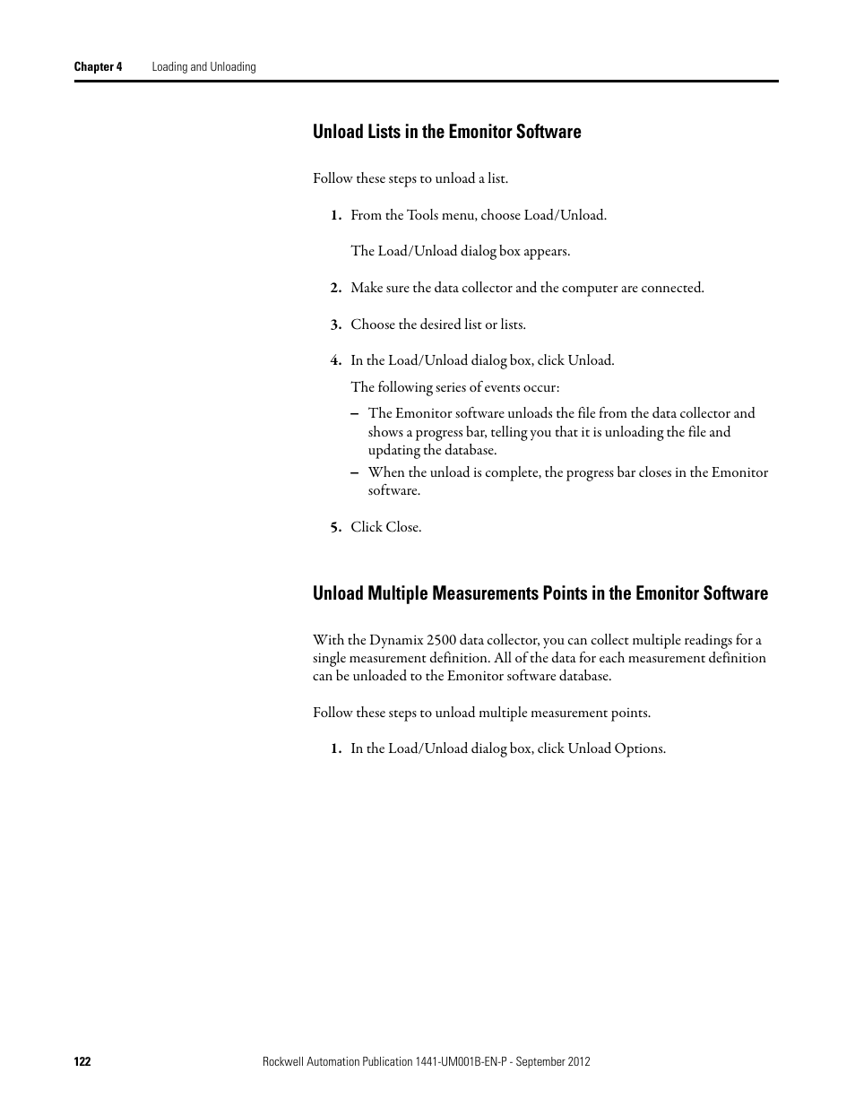 Unload lists in the emonitor software, In the emonitor software | Rockwell Automation 1441-DYN25-Z Dynamix 2500 Data Collector User Manual | Page 122 / 218