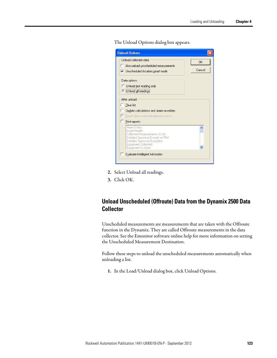 Unload unscheduled (offroute) data from the, Dynamix 2500 data collector | Rockwell Automation 1441-DYN25-Z Dynamix 2500 Data Collector User Manual | Page 123 / 218