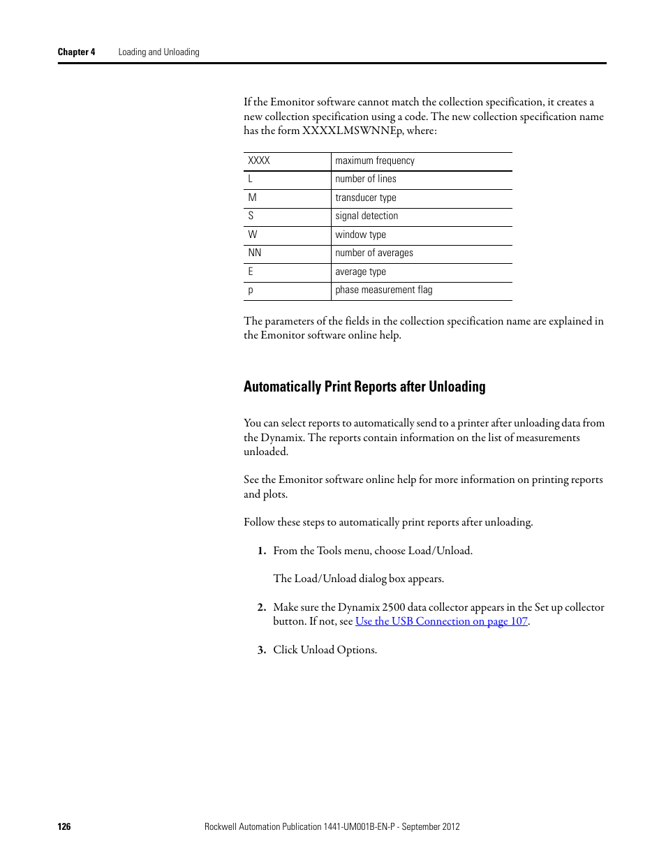 Automatically print reports after unloading | Rockwell Automation 1441-DYN25-Z Dynamix 2500 Data Collector User Manual | Page 126 / 218