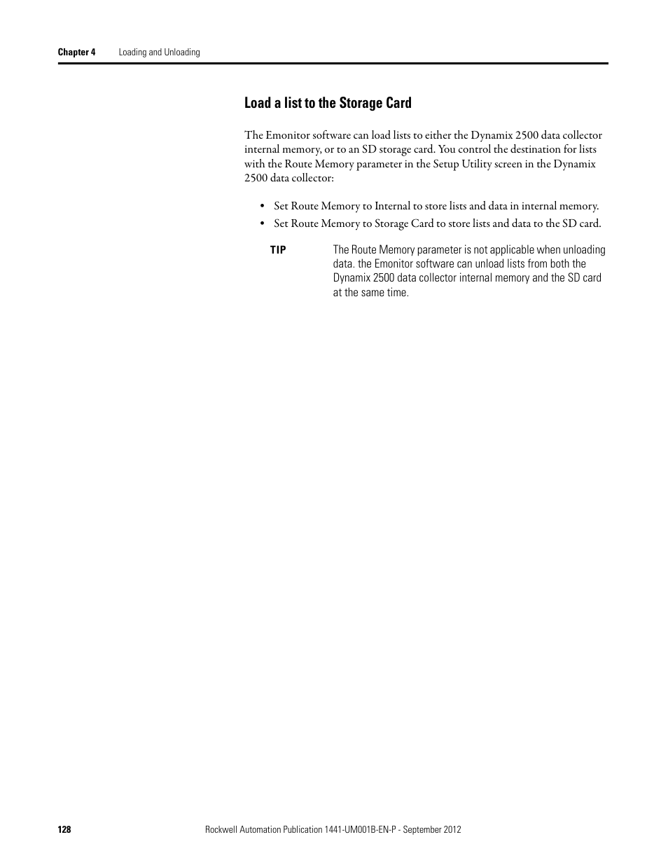 Load a list to the storage card | Rockwell Automation 1441-DYN25-Z Dynamix 2500 Data Collector User Manual | Page 128 / 218