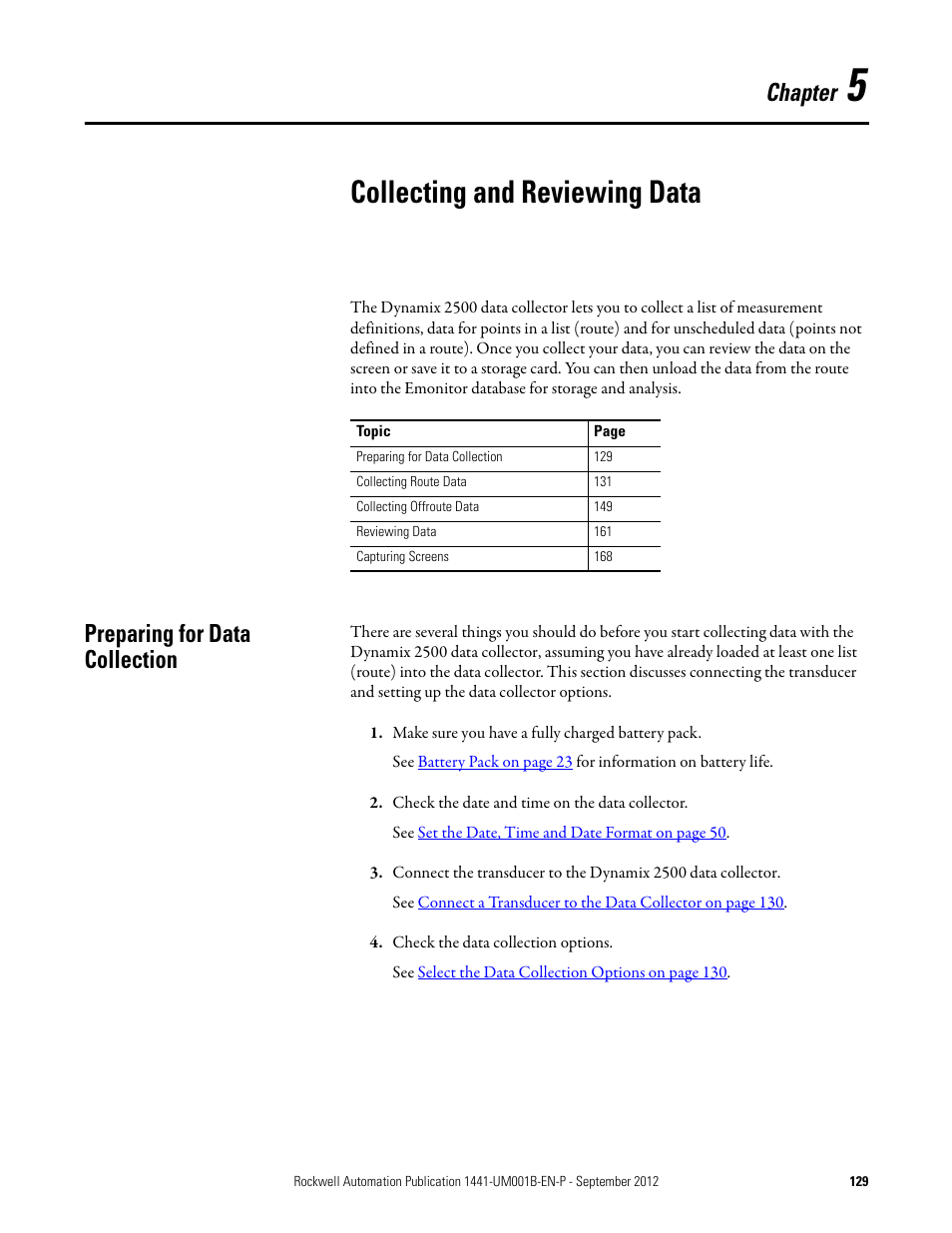5 - collecting and reviewing data, Preparing for data collection, Chapter 5 | Collecting and reviewing data, Chapter | Rockwell Automation 1441-DYN25-Z Dynamix 2500 Data Collector User Manual | Page 129 / 218