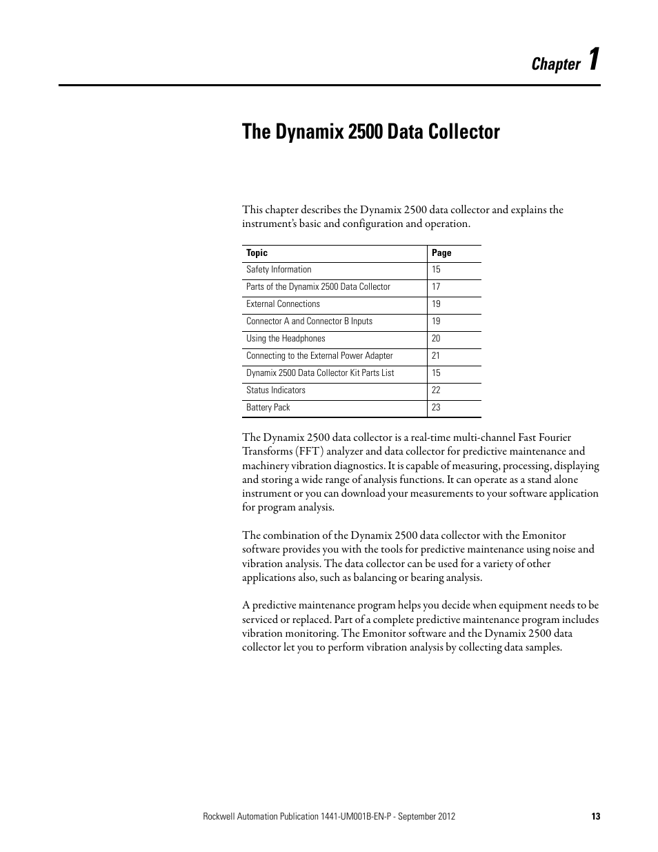 1 - the dynamix 2500 data collector, Chapter 1, The dynamix 2500 data collector | Chapter | Rockwell Automation 1441-DYN25-Z Dynamix 2500 Data Collector User Manual | Page 13 / 218