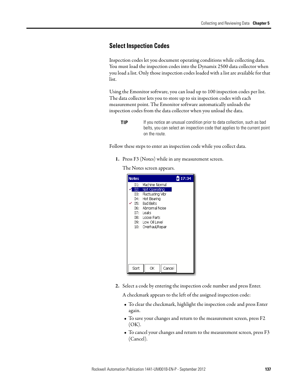 Select inspection codes | Rockwell Automation 1441-DYN25-Z Dynamix 2500 Data Collector User Manual | Page 137 / 218