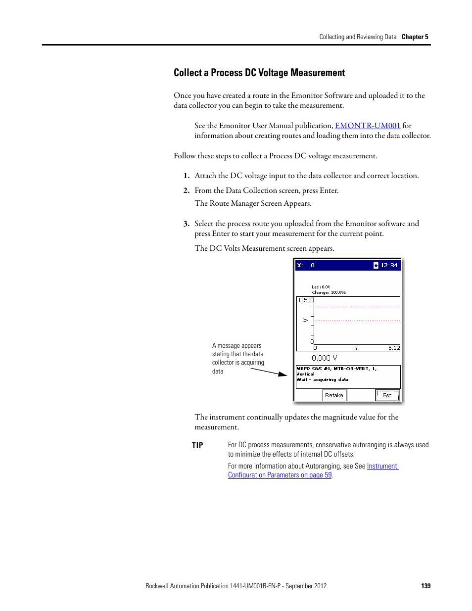 Collect a process dc voltage measurement | Rockwell Automation 1441-DYN25-Z Dynamix 2500 Data Collector User Manual | Page 139 / 218