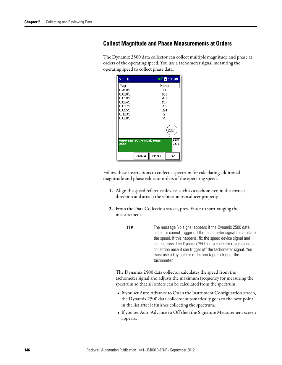 Collect magnitude and phase measurements at orders | Rockwell Automation 1441-DYN25-Z Dynamix 2500 Data Collector User Manual | Page 146 / 218