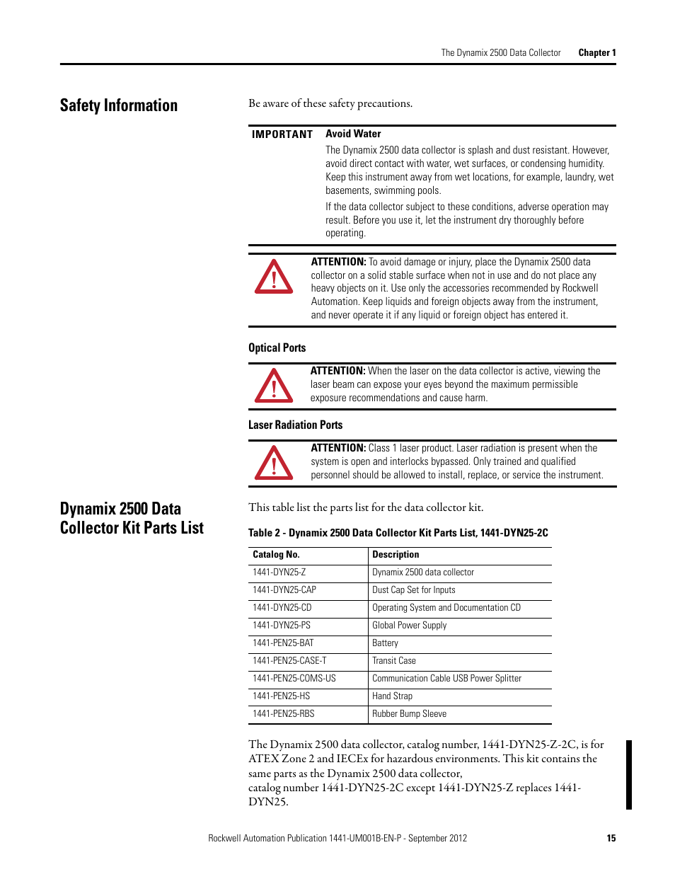 Safety information, Optical ports, Laser radiation ports | Dynamix 2500 data collector kit parts list, Optical ports laser radiation ports | Rockwell Automation 1441-DYN25-Z Dynamix 2500 Data Collector User Manual | Page 15 / 218