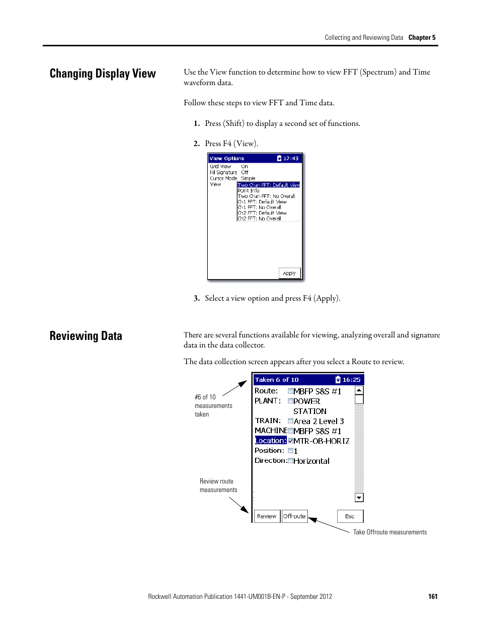 Changing display view, Reviewing data, Changing display view reviewing data | Rockwell Automation 1441-DYN25-Z Dynamix 2500 Data Collector User Manual | Page 161 / 218