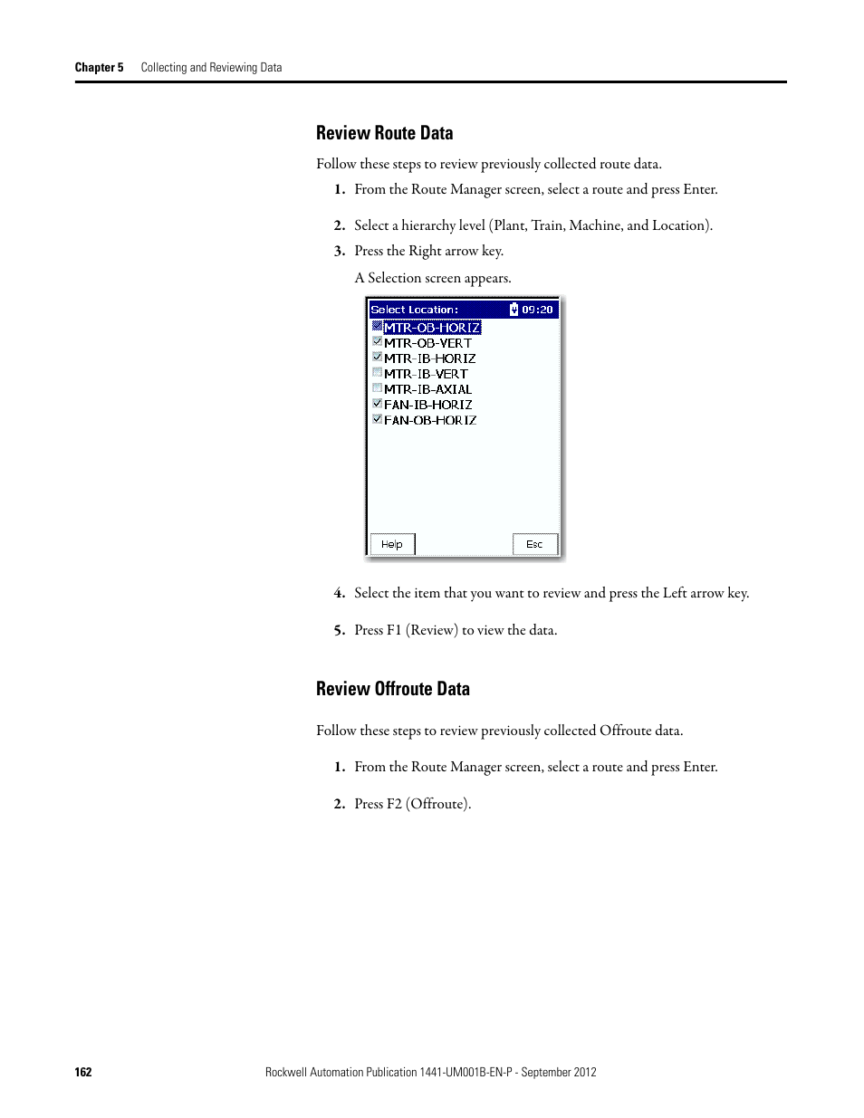Review route data, Review offroute data, Review route data review offroute data | Rockwell Automation 1441-DYN25-Z Dynamix 2500 Data Collector User Manual | Page 162 / 218