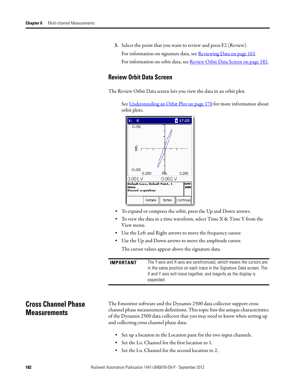 Review orbit data screen, Cross channel phase measurements | Rockwell Automation 1441-DYN25-Z Dynamix 2500 Data Collector User Manual | Page 182 / 218