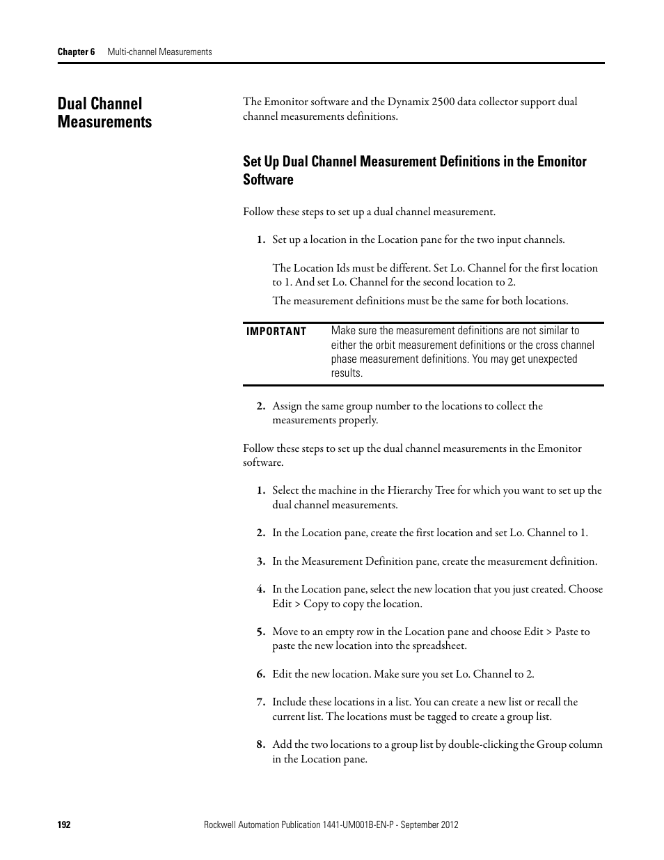 Dual channel measurements, Set up dual channel measurement definitions, In the emonitor software | Rockwell Automation 1441-DYN25-Z Dynamix 2500 Data Collector User Manual | Page 192 / 218