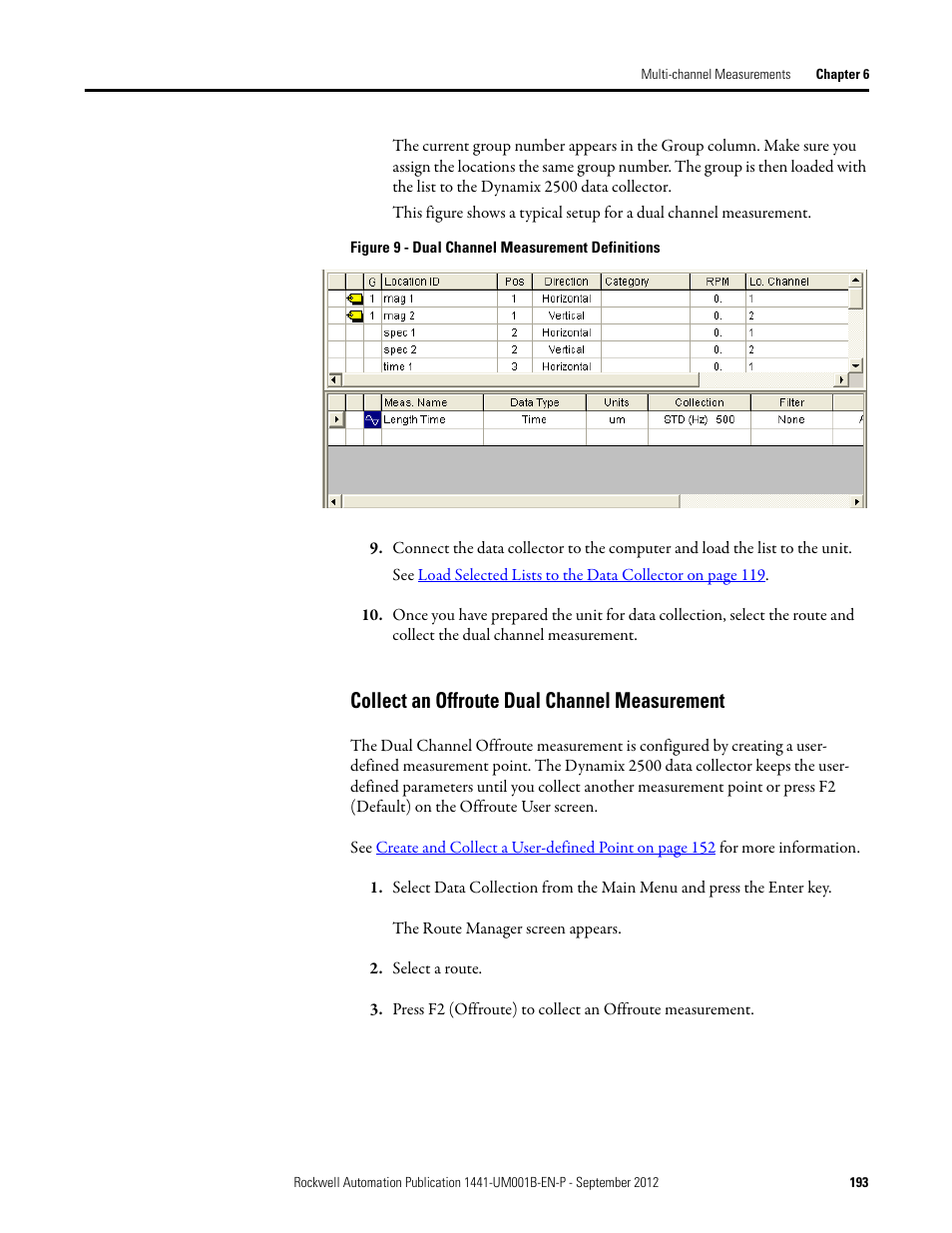 Collect an offroute dual channel measurement | Rockwell Automation 1441-DYN25-Z Dynamix 2500 Data Collector User Manual | Page 193 / 218
