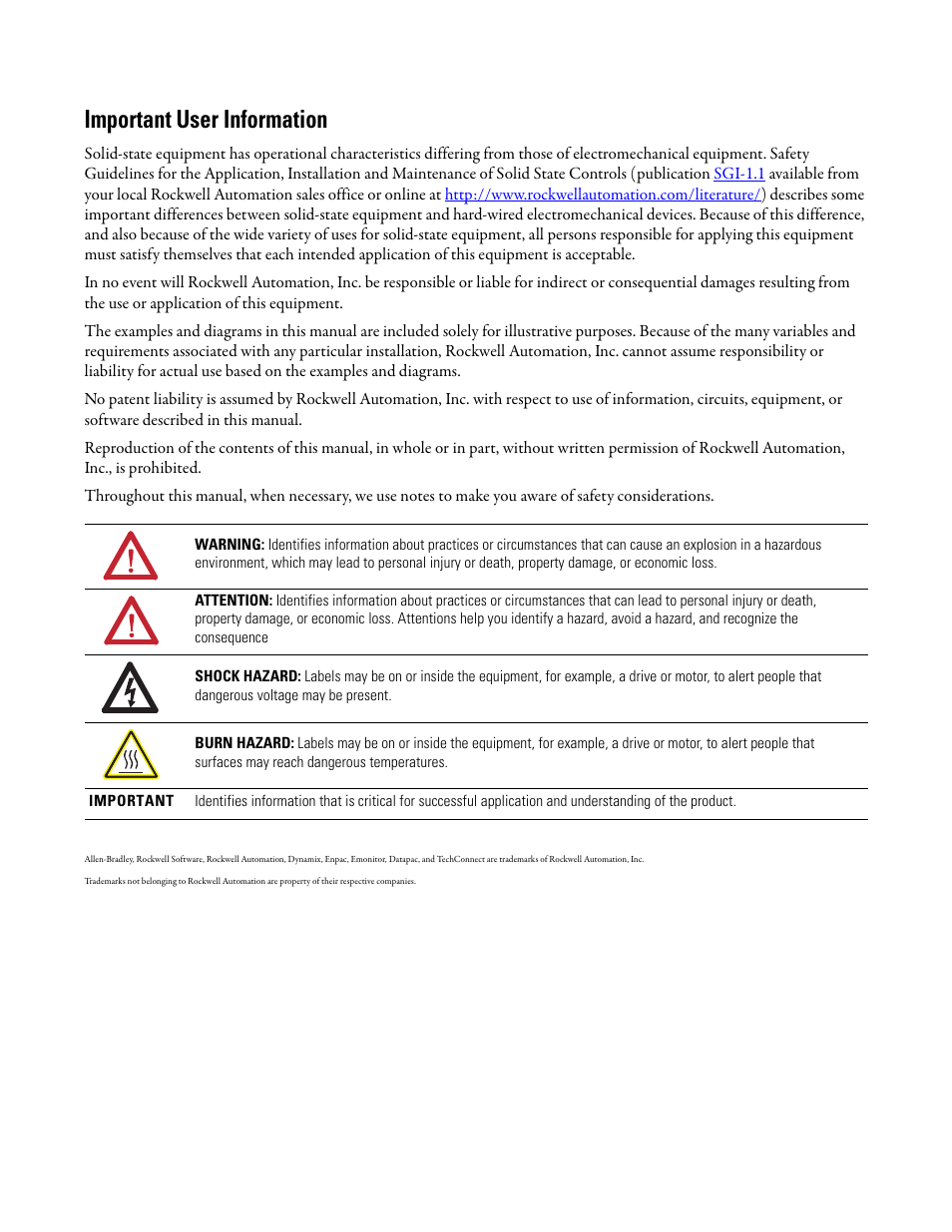 Important user information | Rockwell Automation 1441-DYN25-Z Dynamix 2500 Data Collector User Manual | Page 2 / 218