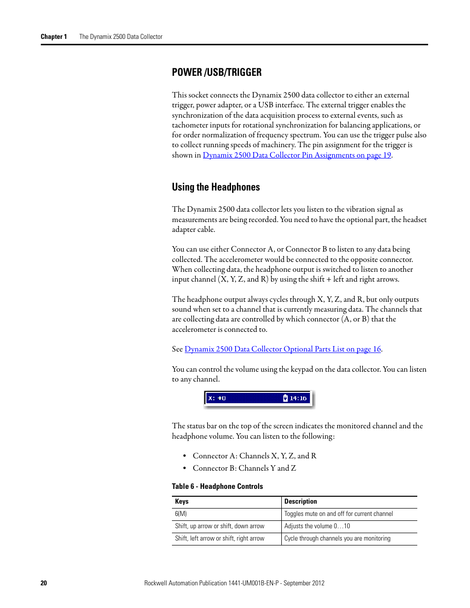 Power /usb/trigger, Using the headphones, Power /usb/trigger using the headphones | Rockwell Automation 1441-DYN25-Z Dynamix 2500 Data Collector User Manual | Page 20 / 218