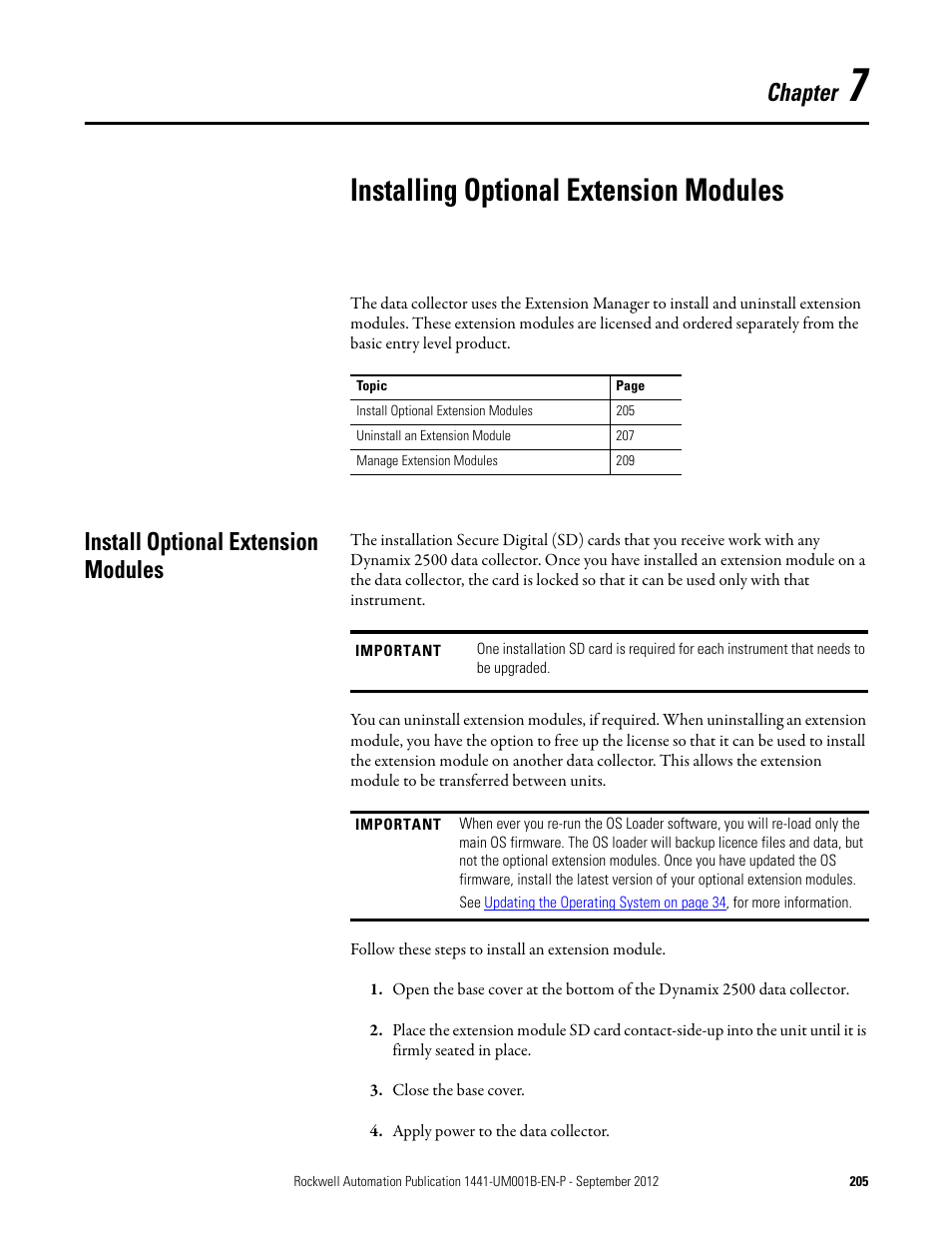 7 - installing optional extension modules, Install optional extension modules, Chapter 7 | Installing optional extension modules, Install optional extension, Chapter | Rockwell Automation 1441-DYN25-Z Dynamix 2500 Data Collector User Manual | Page 205 / 218