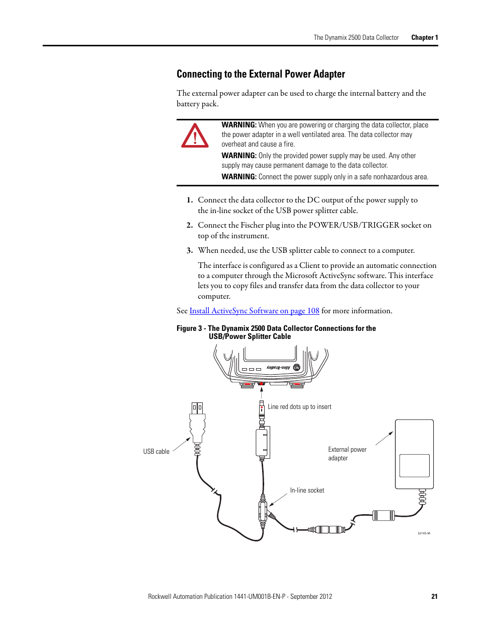 Connecting to the external power adapter | Rockwell Automation 1441-DYN25-Z Dynamix 2500 Data Collector User Manual | Page 21 / 218