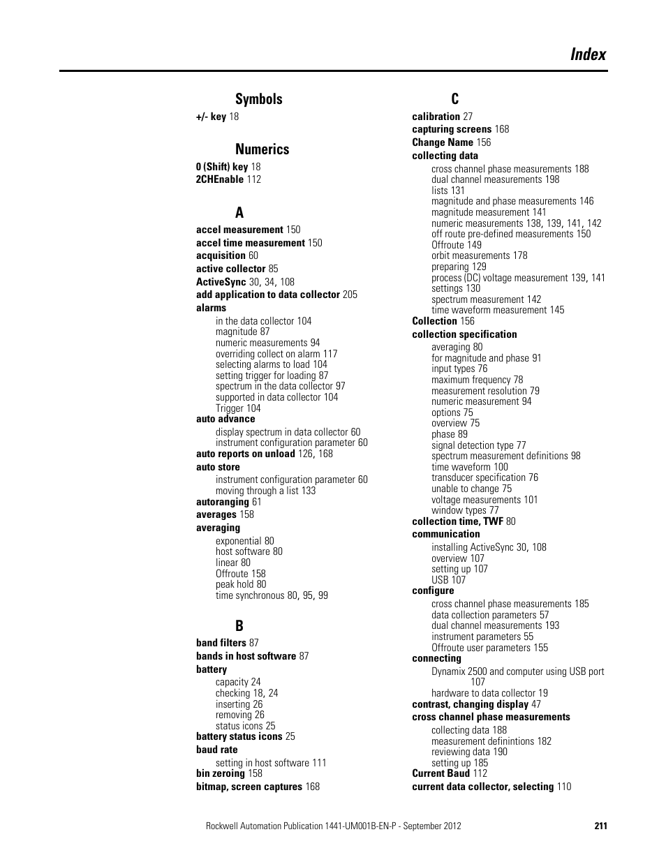 Index, Symbols, Numerics | Rockwell Automation 1441-DYN25-Z Dynamix 2500 Data Collector User Manual | Page 211 / 218