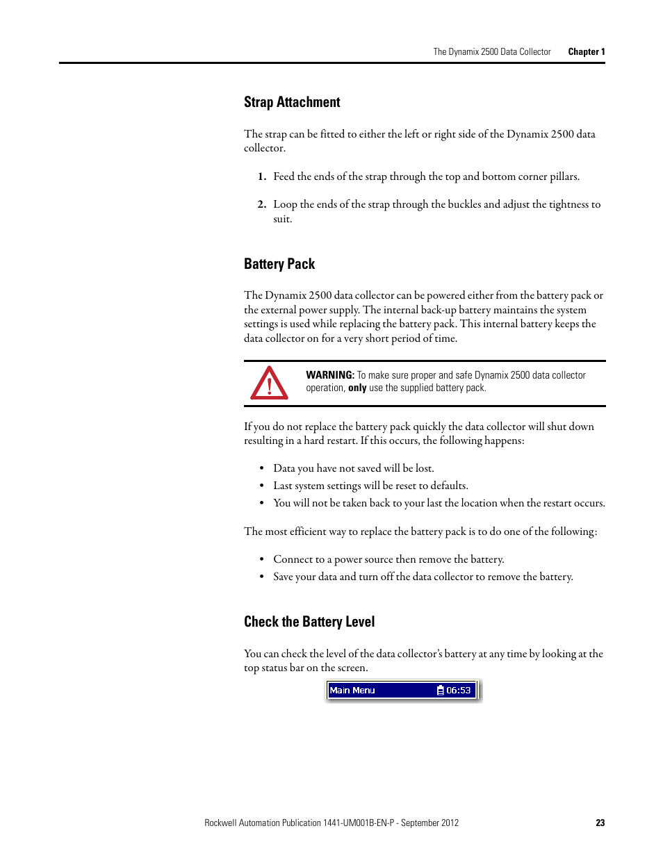 Strap attachment, Battery pack, Check the battery level | Rockwell Automation 1441-DYN25-Z Dynamix 2500 Data Collector User Manual | Page 23 / 218