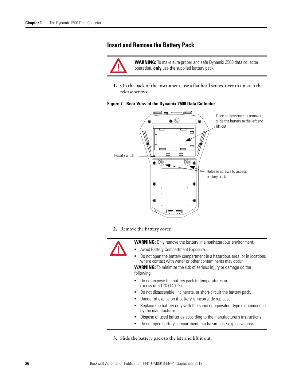 Insert and remove the battery pack | Rockwell Automation 1441-DYN25-Z Dynamix 2500 Data Collector User Manual | Page 26 / 218