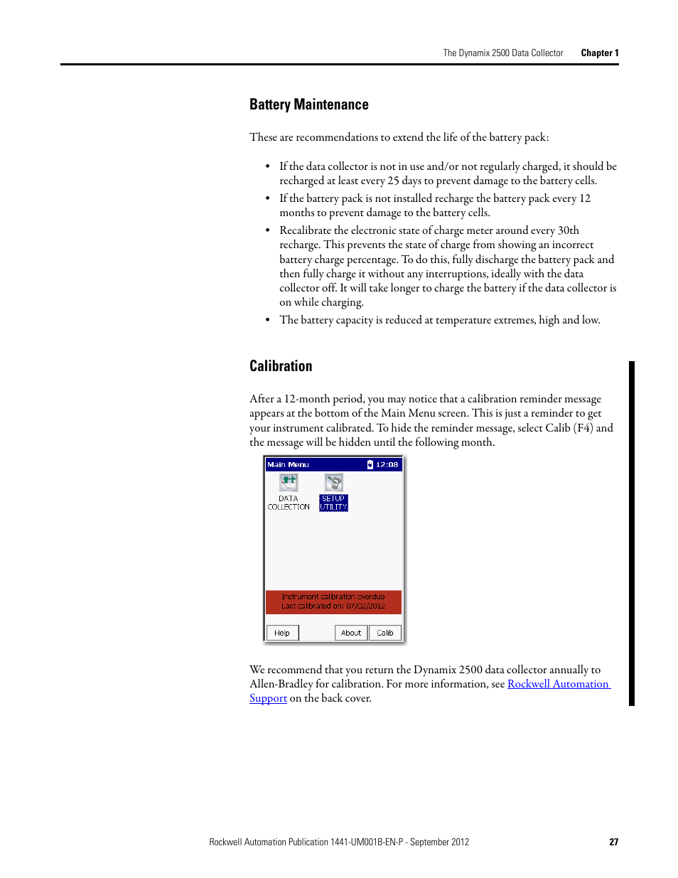 Battery maintenance, Calibration, Battery maintenance calibration | Rockwell Automation 1441-DYN25-Z Dynamix 2500 Data Collector User Manual | Page 27 / 218