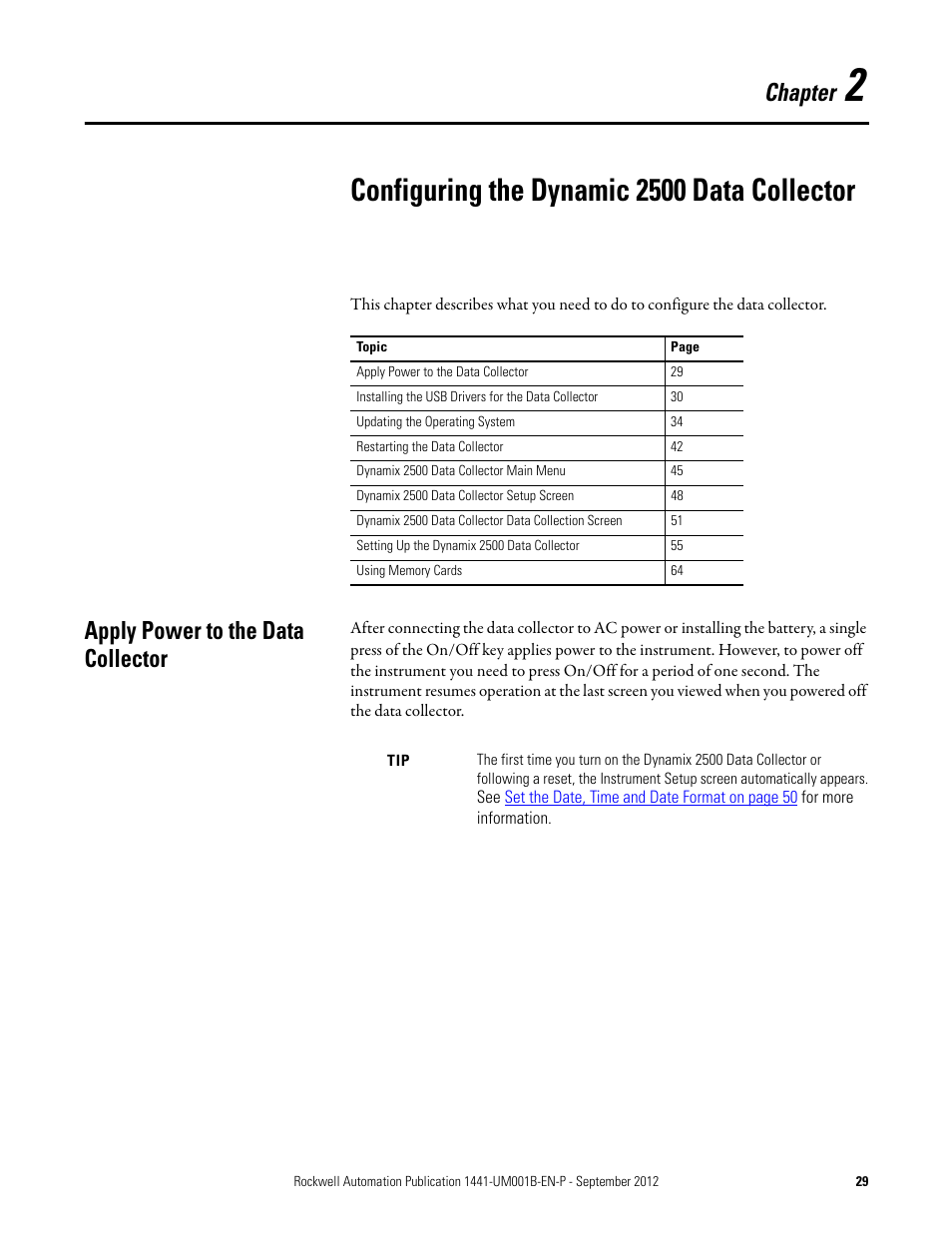 2 - configuring the dynamic 2500 data collector, Apply power to the data collector, Chapter 2 | Configuring the dynamic 2500 data collector, Chapter | Rockwell Automation 1441-DYN25-Z Dynamix 2500 Data Collector User Manual | Page 29 / 218