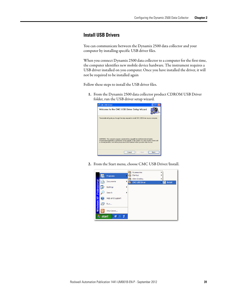 Install usb drivers | Rockwell Automation 1441-DYN25-Z Dynamix 2500 Data Collector User Manual | Page 31 / 218