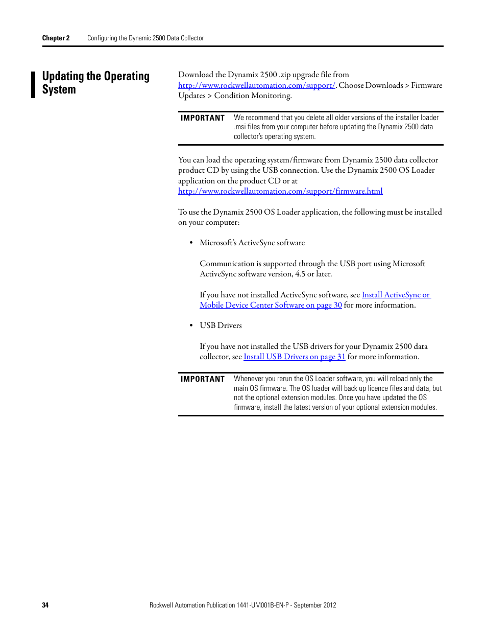 Updating the operating system | Rockwell Automation 1441-DYN25-Z Dynamix 2500 Data Collector User Manual | Page 34 / 218
