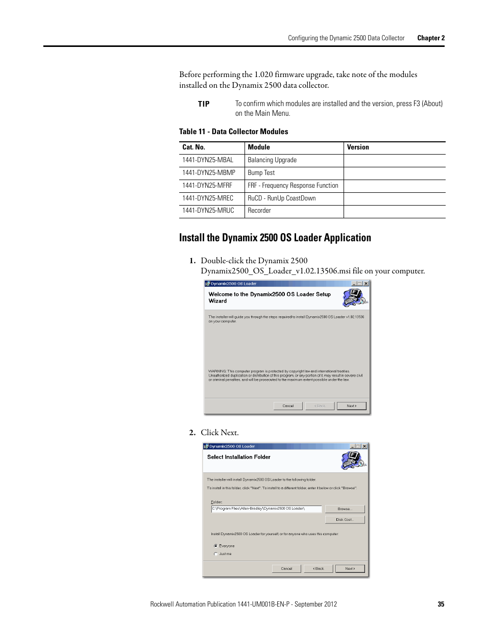 Install the dynamix 2500 os loader application | Rockwell Automation 1441-DYN25-Z Dynamix 2500 Data Collector User Manual | Page 35 / 218