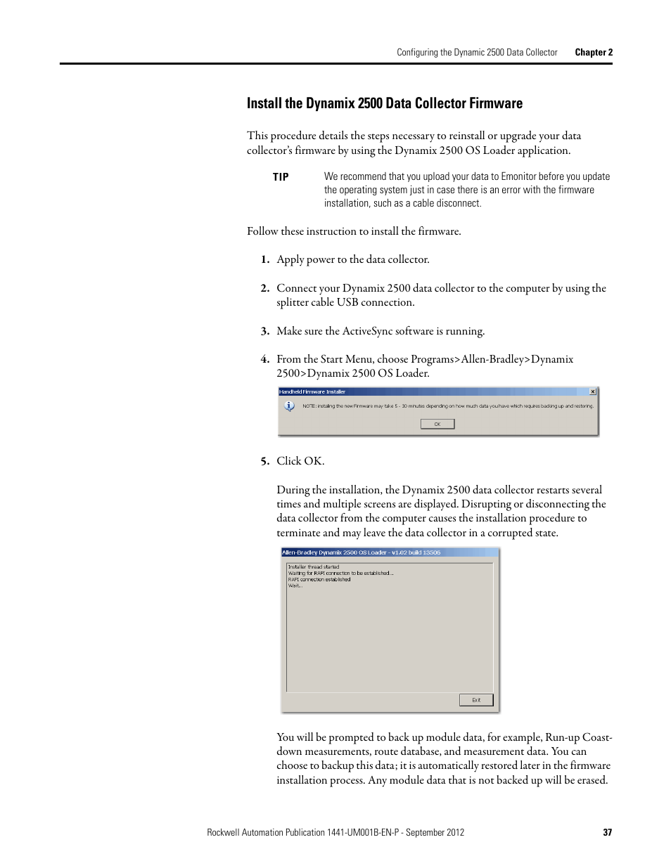 Install the dynamix 2500 data collector firmware | Rockwell Automation 1441-DYN25-Z Dynamix 2500 Data Collector User Manual | Page 37 / 218